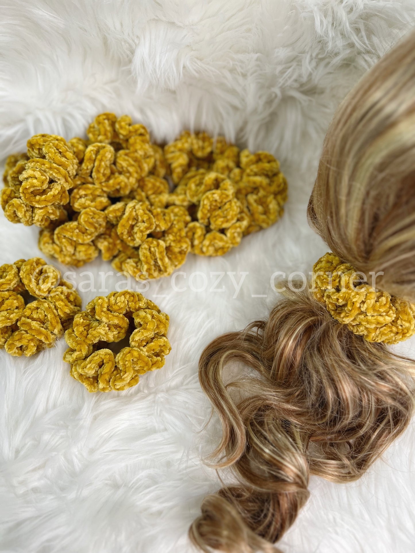 The Velvet Charm scrunchies golden moss