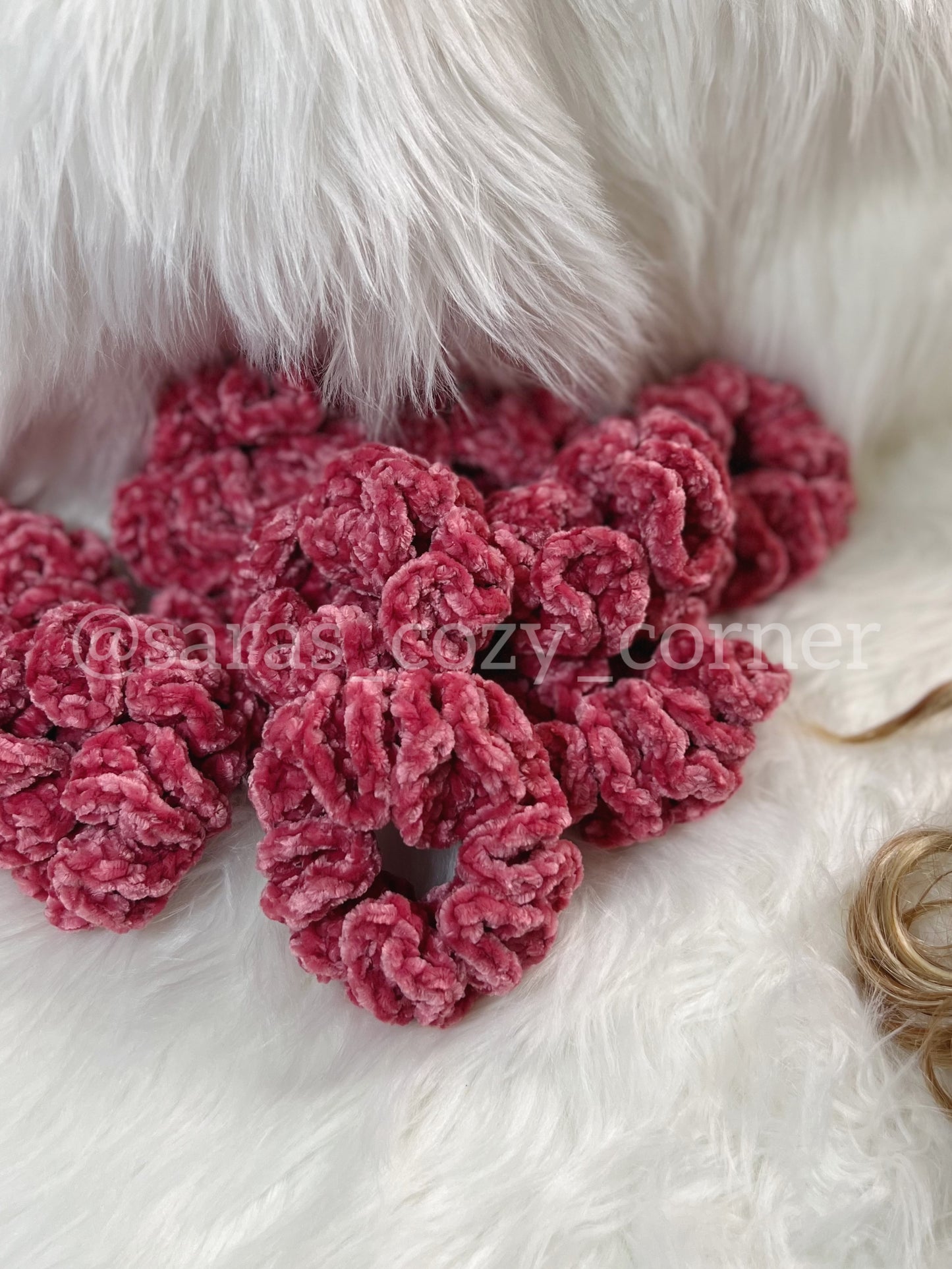 The Velvet Charm scrunchies, cranberry