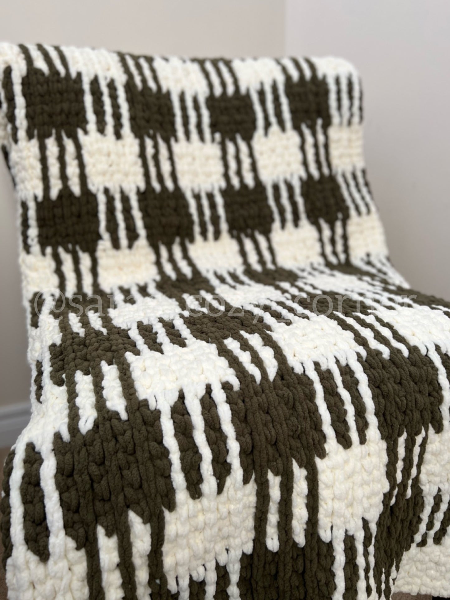 Crochet Plaid Throw Blanket "Vintage Olive"
