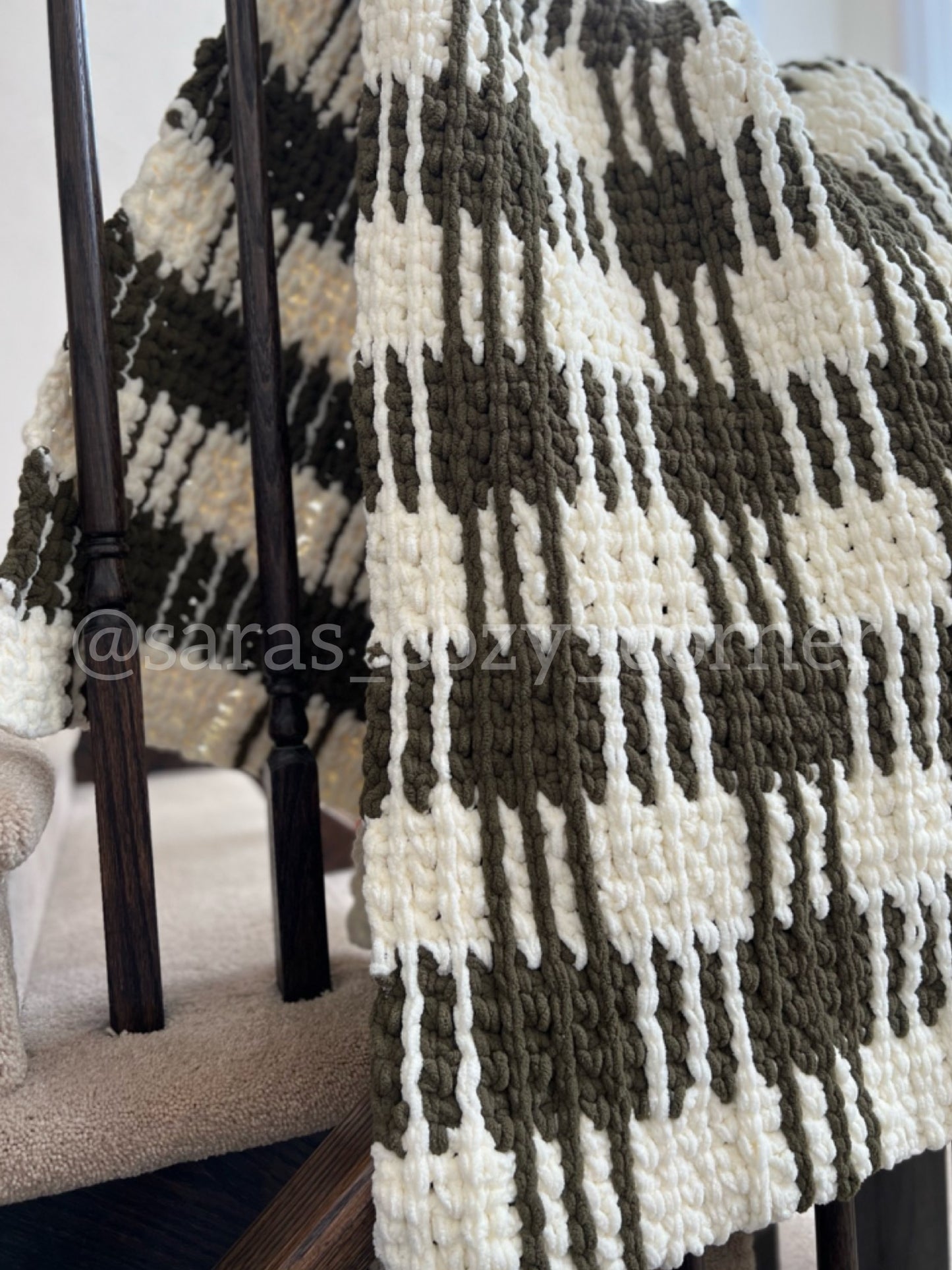 Crochet Plaid Throw Blanket "Vintage Olive"