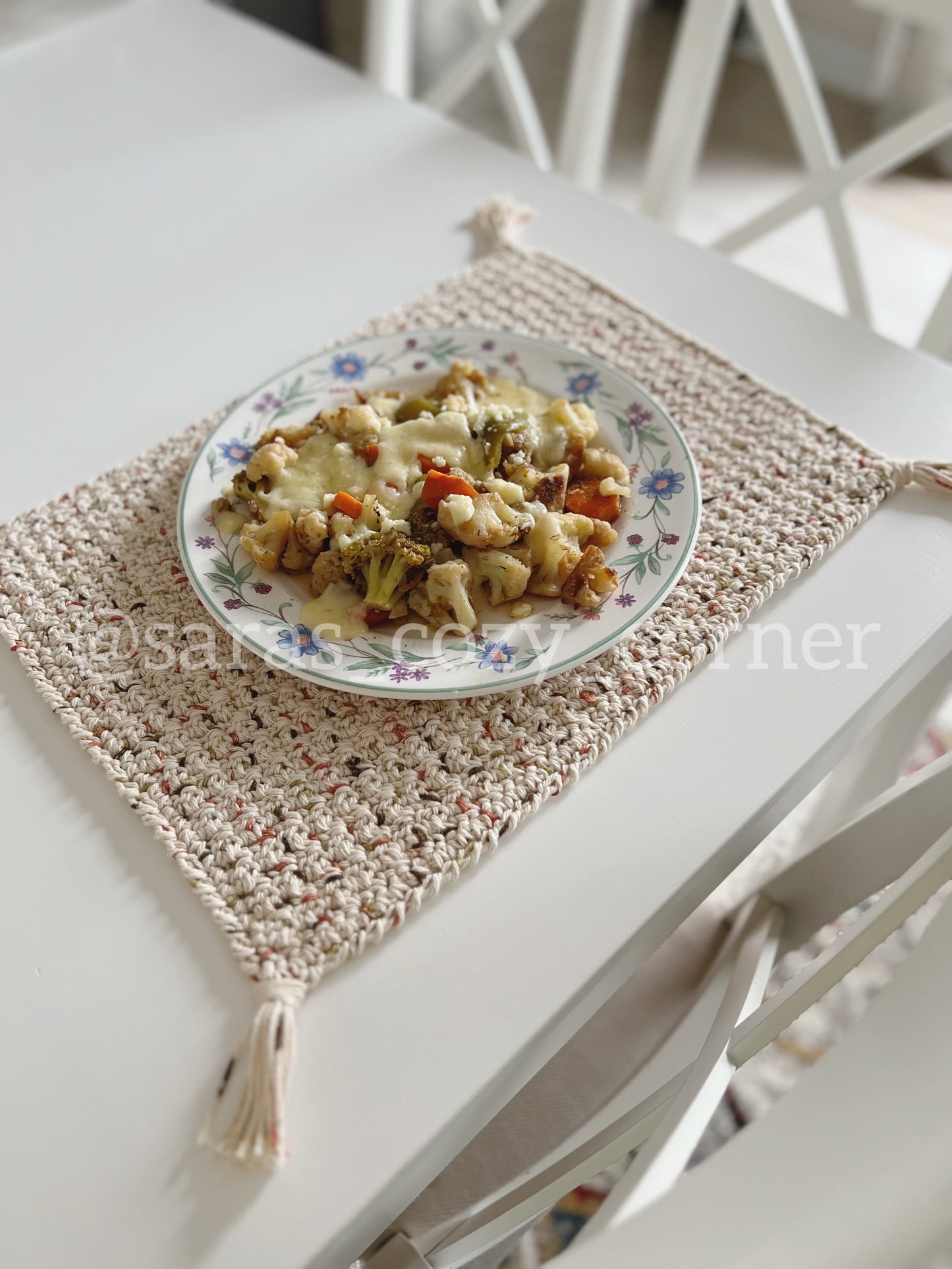 rustic crochet placemat with tassels