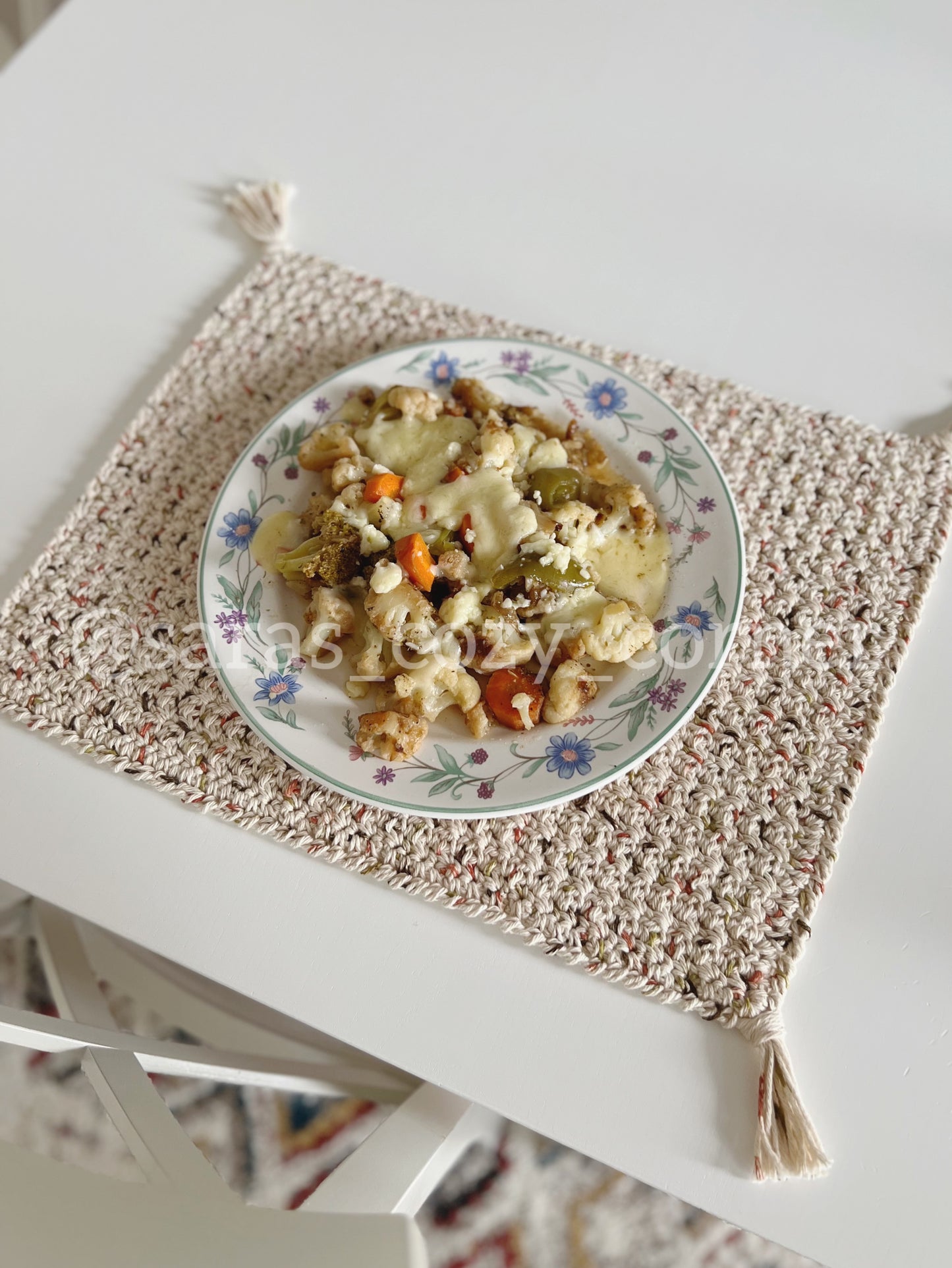 rustic crochet placemat with tassels