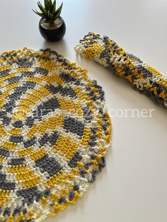 Crochet lace border golden yellow grey placemat