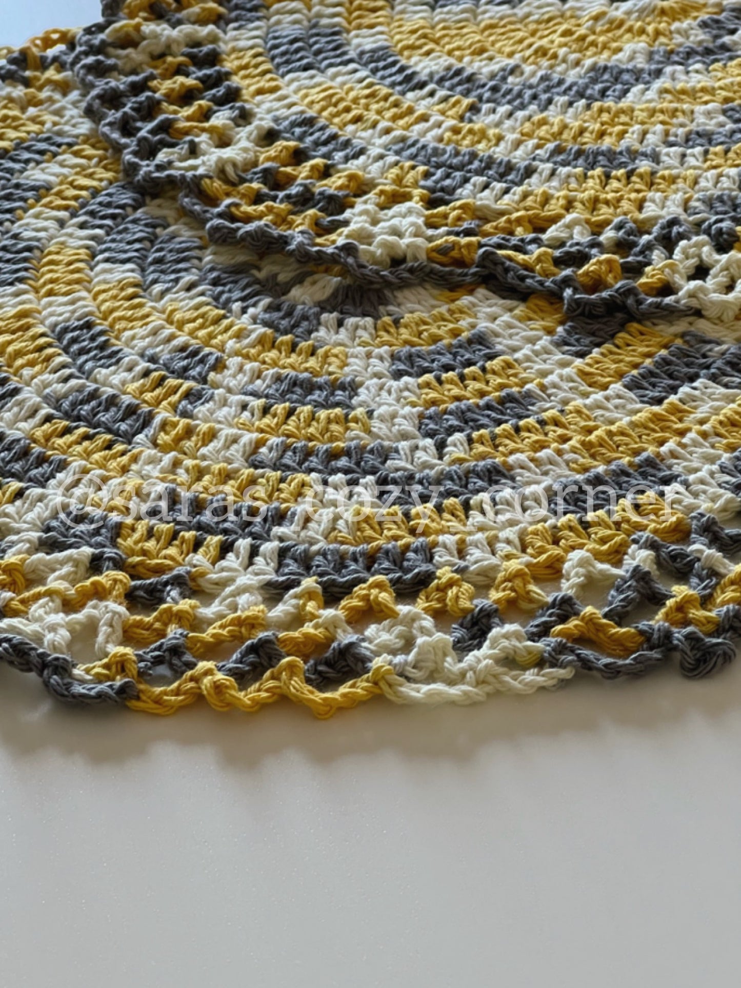 Crochet lace border golden yellow grey placemat