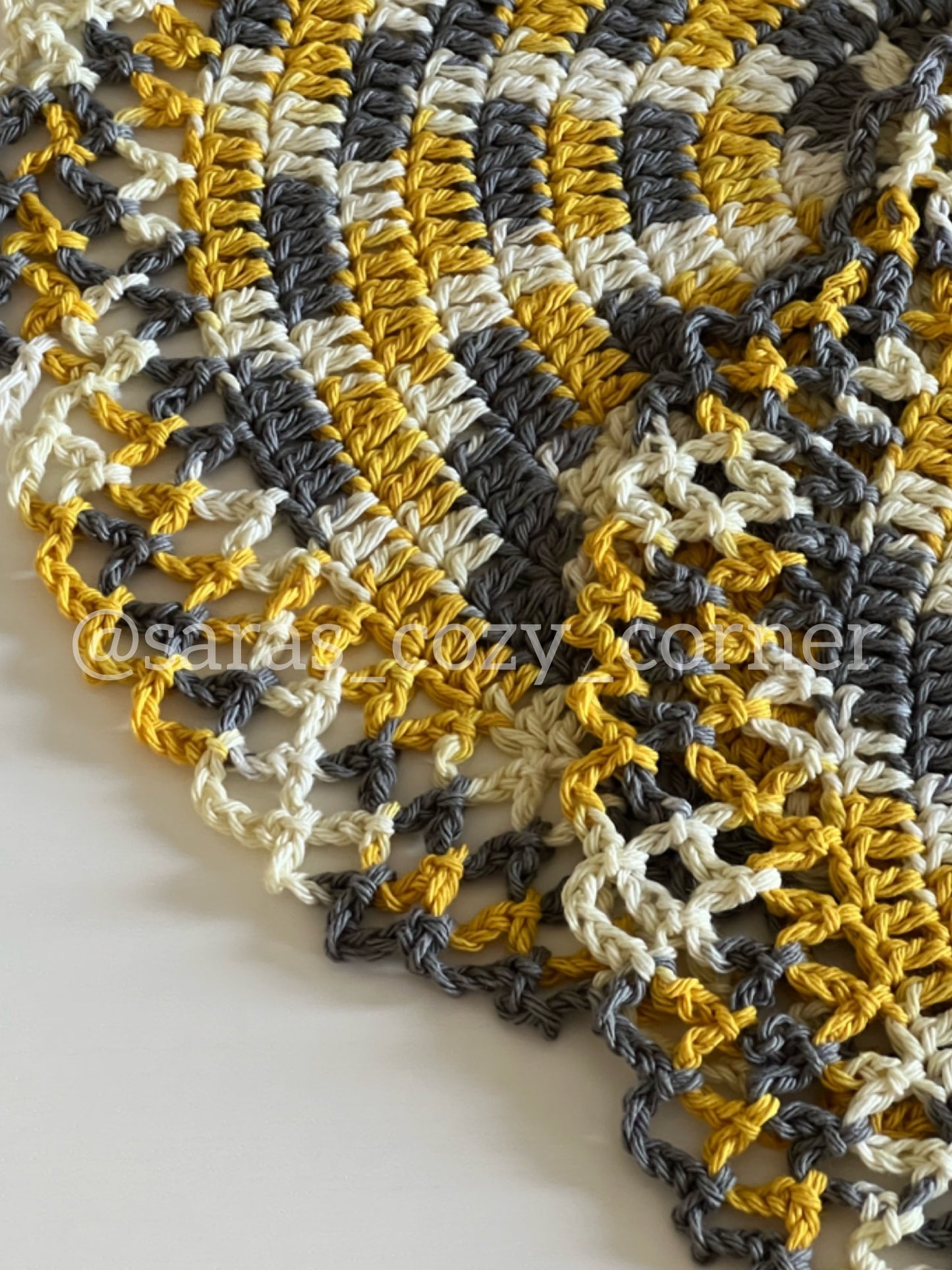 Crochet lace border golden yellow grey placemat