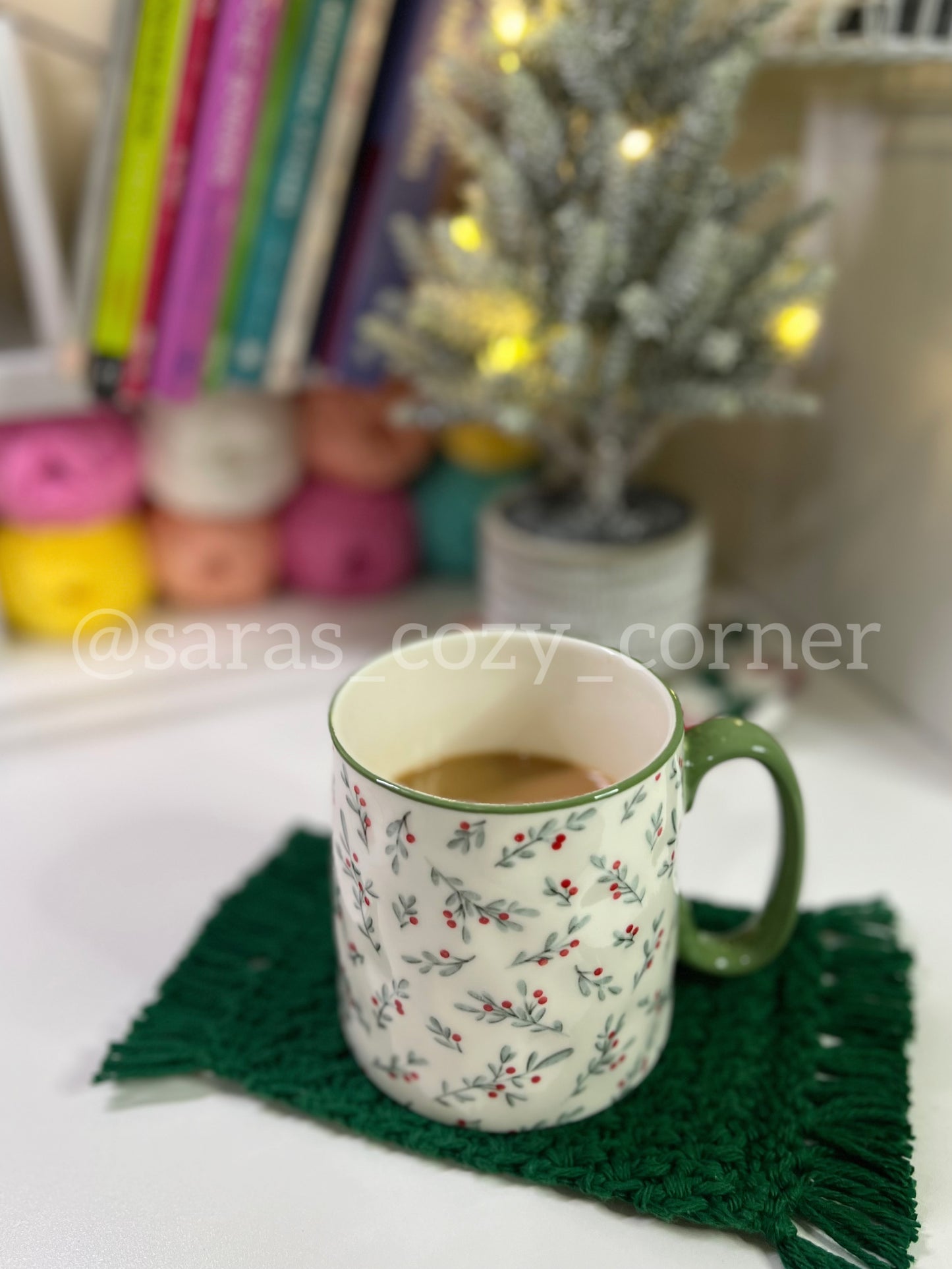 The Festive Mistletoe crochet mug rug